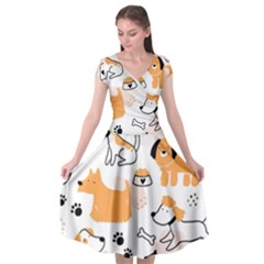 Seamless Pattern Of Cute Dog Puppy Cartoon Funny And Happy Cap Sleeve Wrap Front Dress by Wav3s