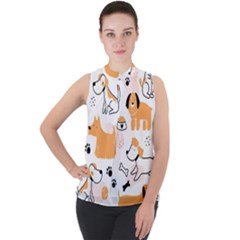 Seamless Pattern Of Cute Dog Puppy Cartoon Funny And Happy Mock Neck Chiffon Sleeveless Top