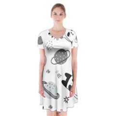 Panda Floating In Space And Star Short Sleeve V-neck Flare Dress by Wav3s