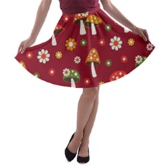 Woodland Mushroom And Daisy Seamless Pattern On Red Background A-line Skater Skirt by Wav3s