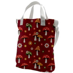 Woodland Mushroom And Daisy Seamless Pattern On Red Background Canvas Messenger Bag by Wav3s