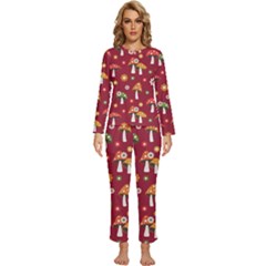 Woodland Mushroom And Daisy Seamless Pattern On Red Background Womens  Long Sleeve Lightweight Pajamas Set by Wav3s