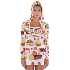 Seamless Pattern Hand Drawing Cartoon Dessert And Cake Long Sleeve Hooded T-shirt by Wav3s