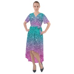 Pink And Turquoise Glitter Front Wrap High Low Dress by Wav3s