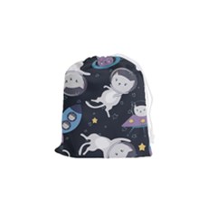 Space Cat Illustration Pattern Astronaut Drawstring Pouch (small) by Wav3s