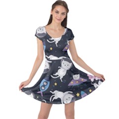 Space Cat Illustration Pattern Astronaut Cap Sleeve Dress by Wav3s