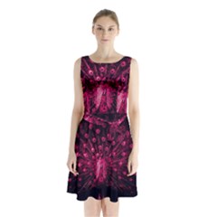 Peacock Pink Black Feather Abstract Sleeveless Waist Tie Chiffon Dress by Wav3s