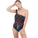 Peacock Feathers Frilly One Shoulder Swimsuit