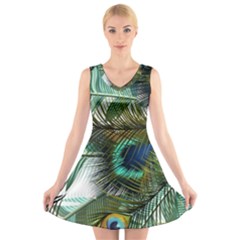 Peacock Feathers Blue Green Texture V-neck Sleeveless Dress by Wav3s