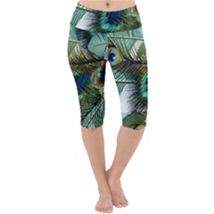 Peacock Feathers Blue Green Texture Lightweight Velour Cropped Yoga Leggings by Wav3s