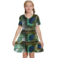 Peacock Feathers Blue Green Texture Kids  Short Sleeve Tiered Mini Dress by Wav3s
