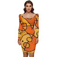 Mazipoodles In The Frame - Orange Women Long Sleeve Ruched Stretch Jersey Dress by Mazipoodles