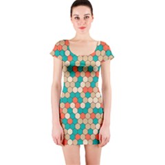 Multicolored Honeycomb Colorful Abstract Geometry Short Sleeve Bodycon Dress