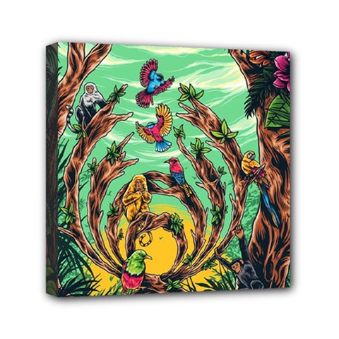 Monkey Tiger Bird Parrot Forest Jungle Style Mini Canvas 6  X 6  (stretched) by Grandong