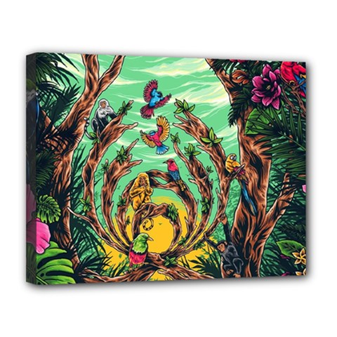 Monkey Tiger Bird Parrot Forest Jungle Style Canvas 14  X 11  (stretched) by Grandong