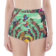 Monkey Tiger Bird Parrot Forest Jungle Style High-waisted Bikini Bottoms by Grandong