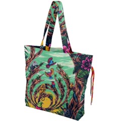 Monkey Tiger Bird Parrot Forest Jungle Style Drawstring Tote Bag by Grandong