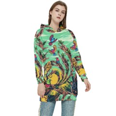 Monkey Tiger Bird Parrot Forest Jungle Style Women s Long Oversized Pullover Hoodie by Grandong