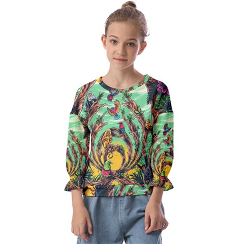 Monkey Tiger Bird Parrot Forest Jungle Style Kids  Cuff Sleeve Top by Grandong