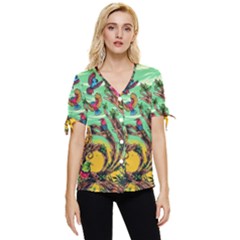 Monkey Tiger Bird Parrot Forest Jungle Style Bow Sleeve Button Up Top by Grandong