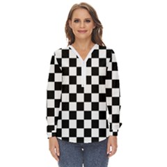 Black White Checker Pattern Checkerboard Zip Up Long Sleeve Blouse