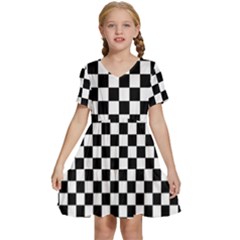 Black White Checker Pattern Checkerboard Kids  Short Sleeve Tiered Mini Dress by Cowasu