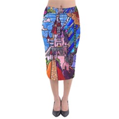 Beauty Stained Glass Castle Building Velvet Midi Pencil Skirt by Cowasu