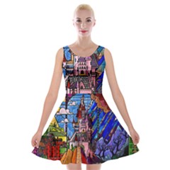 Beauty Stained Glass Castle Building Velvet Skater Dress by Cowasu