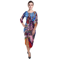 Beauty Stained Glass Castle Building Quarter Sleeve Midi Velour Bodycon Dress by Cowasu