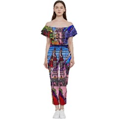 Beauty Stained Glass Castle Building Off Shoulder Ruffle Top Jumpsuit by Cowasu