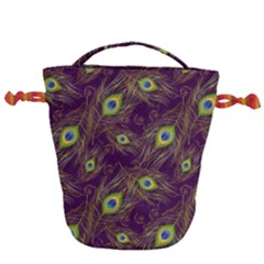 Peacock Feathers Pattern Drawstring Bucket Bag by Cowasu