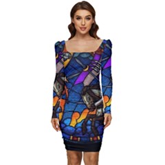 The Game Monster Stained Glass Women Long Sleeve Ruched Stretch Jersey Dress by Cowasu