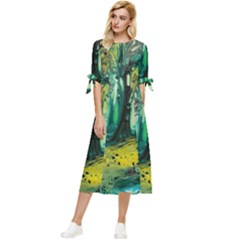 Ai Generated Trees Forest Mystical Forest Nature Art Bow Sleeve Chiffon Midi Dress by Ndabl3x