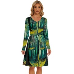 Ai Generated Trees Forest Mystical Forest Nature Art Long Sleeve Dress With Pocket by Ndabl3x