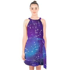 Realistic Night Sky With Constellations Halter Collar Waist Tie Chiffon Dress by Cowasu