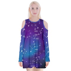 Realistic Night Sky With Constellations Velvet Long Sleeve Shoulder Cutout Dress by Cowasu