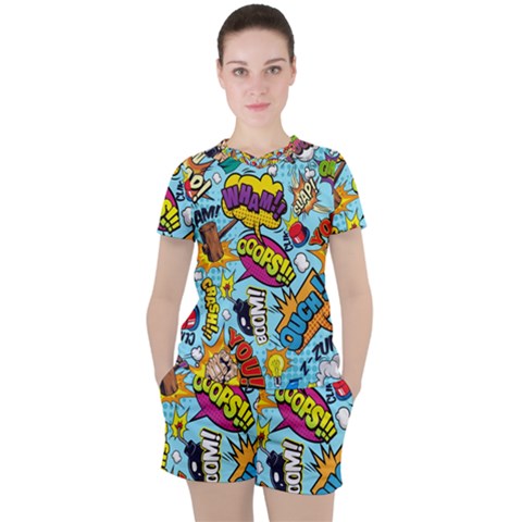 Comic Elements Colorful Seamless Pattern Women s Tee And Shorts Set by Amaryn4rt