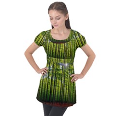 Green Forest Jungle Trees Nature Sunny Puff Sleeve Tunic Top