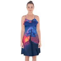 Dark Tree Sunset Landscape Art Ruffle Detail Chiffon Dress by Ravend