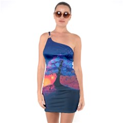 Dark Tree Sunset Landscape Art One Shoulder Ring Trim Bodycon Dress by Ravend