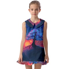 Dark Tree Sunset Landscape Art Kids  Pilgrim Collar Ruffle Hem Dress by Ravend