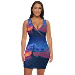 Dark Tree Sunset Landscape Art Draped Bodycon Dress by Ravend