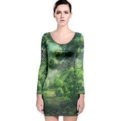 Anime Green Forest Jungle Nature Landscape Long Sleeve Velvet Bodycon Dress by Ravend