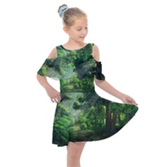 Anime Green Forest Jungle Nature Landscape Kids  Shoulder Cutout Chiffon Dress