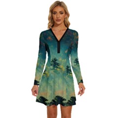 Green Tree Forest Jungle Nature Landscape Long Sleeve Deep V Mini Dress  by Ravend