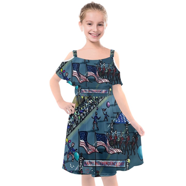 July 4th Parade Independence Day Kids  Cut Out Shoulders Chiffon Dress