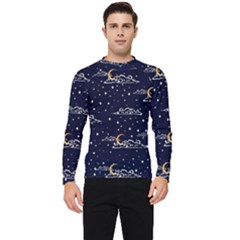 Hand-drawn-scratch-style-night-sky-with-moon-cloud-space-among-stars-seamless-pattern-vector-design- Men s Long Sleeve Rash Guard by uniart180623