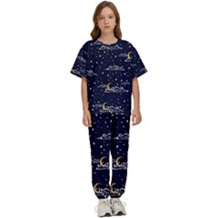 Hand-drawn-scratch-style-night-sky-with-moon-cloud-space-among-stars-seamless-pattern-vector-design- Kids  Tee And Pants Sports Set by uniart180623
