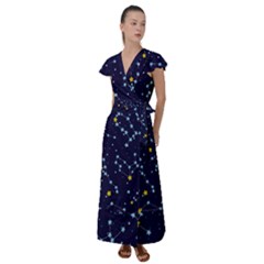 Seamless-pattern-with-cartoon-zodiac-constellations-starry-sky Flutter Sleeve Maxi Dress by uniart180623