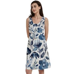 Indigo-watercolor-floral-seamless-pattern Classic Skater Dress by uniart180623